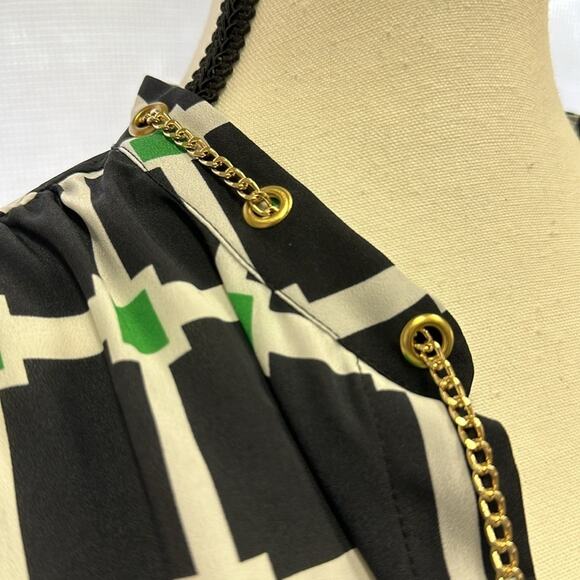 NWT Michael Kors Navy and Green Geometric Blouse with Gold Chain Accent - Size M - Picture 7 of 12